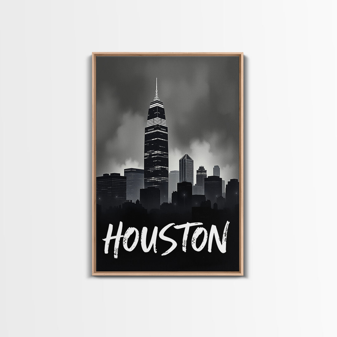 Houston Travel Poster, Framed Canvas Print, Black And White Travel Art, Houston Art Print, Retro Travel Print, City Travel Prints