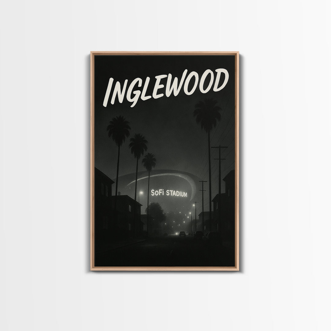Inglewood California Travel Poster, Framed Canvas Print, Night Street Poster Art, Inglewood City Art, City Illustration, Vintage City Poster