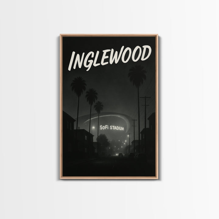 Inglewood California Travel Poster, Framed Canvas Print, Night Street Poster Art, Inglewood City Art, City Illustration, Vintage City Poster
