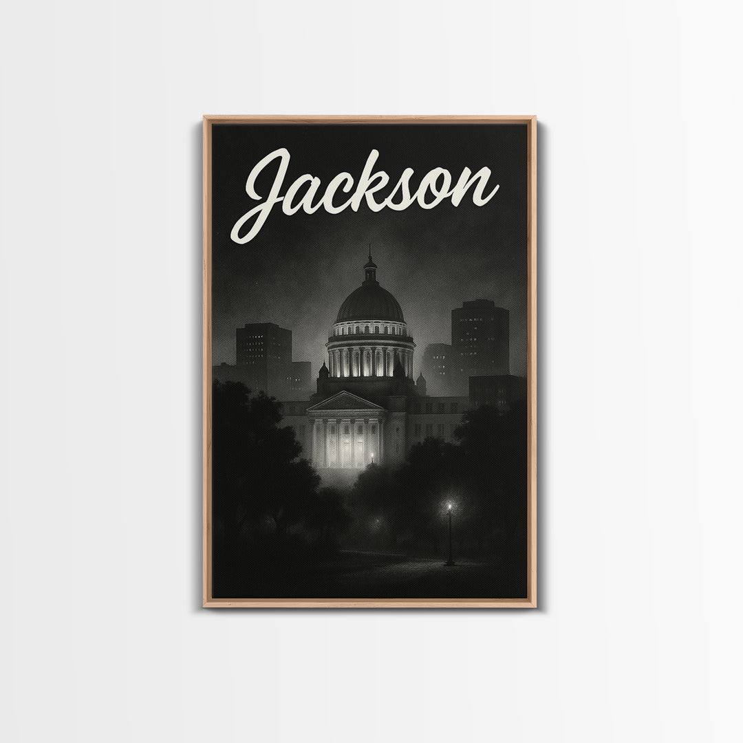 Jackson Mississippi Travel Poster, Framed Canvas Print, Dark Moody City Wall Art, Jackson City Art, City Illustration, Retro Travel Print