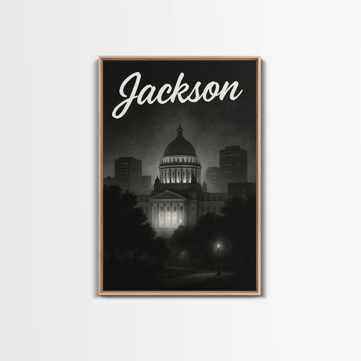Jackson Mississippi Travel Poster, Framed Canvas Print, Dark Moody City Wall Art, Jackson City Art, City Illustration, Retro Travel Print