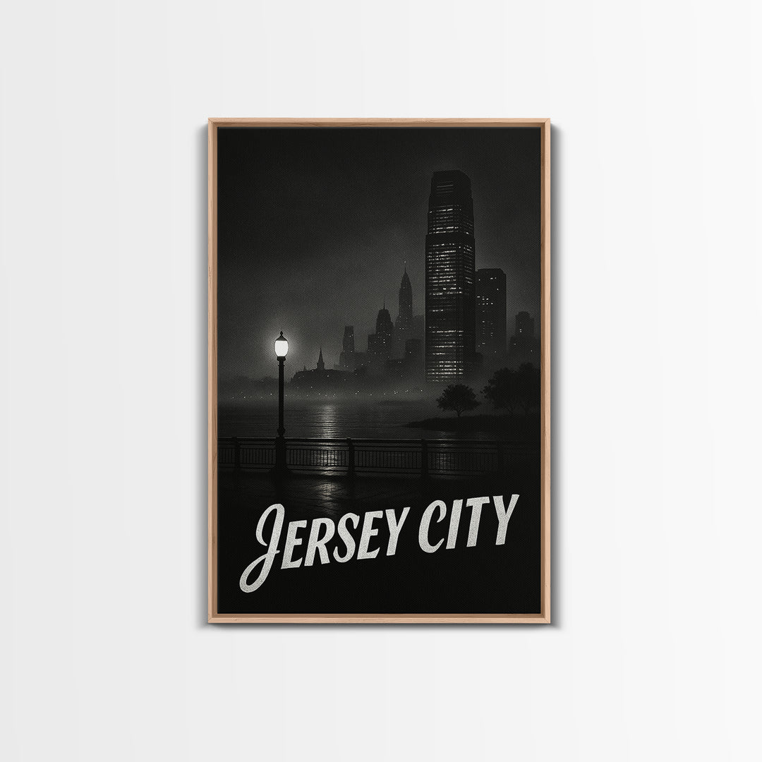 Jersey City Travel Poster, Framed Canvas Print, Vintage Noir Poster Art, Jersey City Wall Art, City Travel Prints, Vintage Travel Art