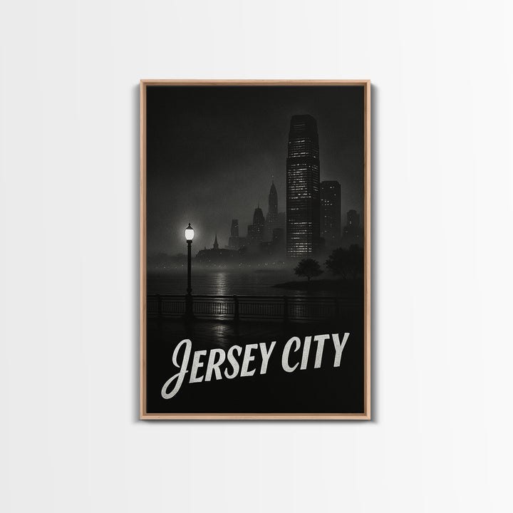 Jersey City Travel Poster, Framed Canvas Print, Vintage Noir Poster Art, Jersey City Wall Art, City Travel Prints, Vintage Travel Art