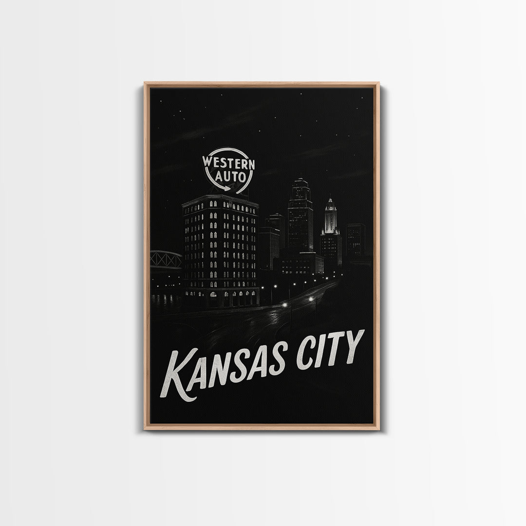 Kansas City Missouri Travel Poster, Canvas Print, Dark Moody City Wall Art, Kansas City Poster Print, City Illustration, Eclectic Wall Decor