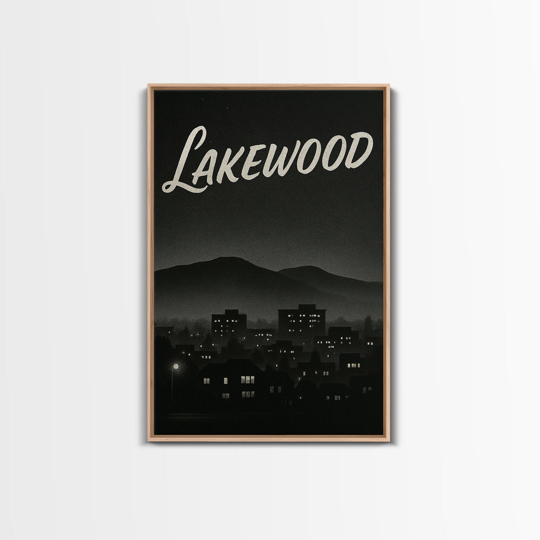 Lakewood Travel Poster, Framed Canvas Print, Night Street Poster Art, Lakewood Travel Art, Living Room Wall Art, Mid Century Wall Art