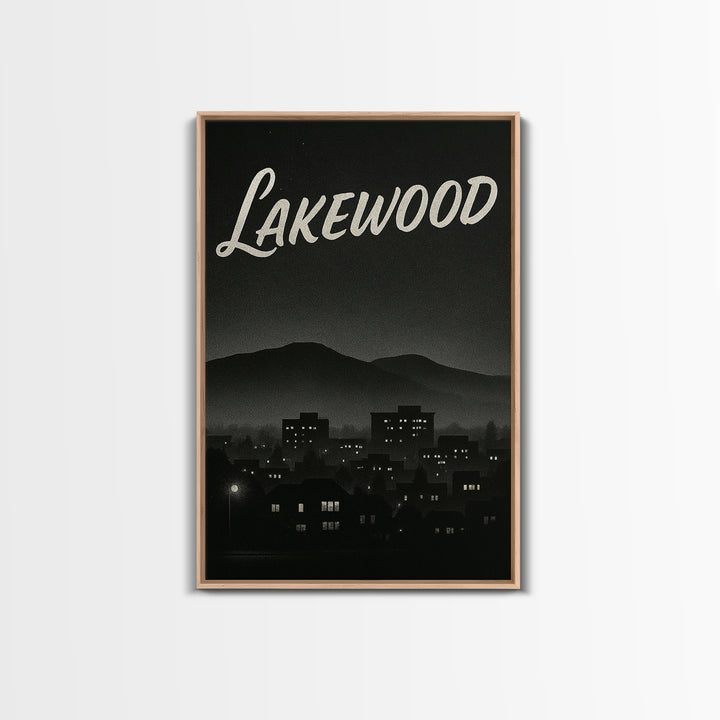 Lakewood Travel Poster, Framed Canvas Print, Night Street Poster Art, Lakewood Travel Art, Living Room Wall Art, Mid Century Wall Art