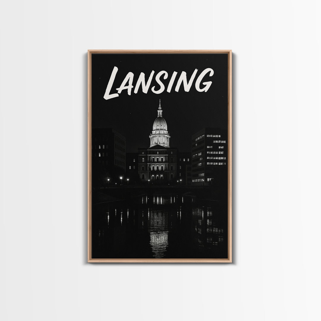 Lansing Michigan Travel Poster, Canvas Print, Dark Moody City Wall Art, Lansing City Art, Travel Poster Set, Travel Art Print, Wall Art