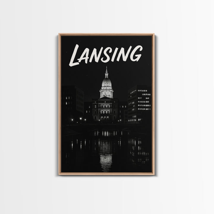 Lansing Michigan Travel Poster, Canvas Print, Dark Moody City Wall Art, Lansing City Art, Travel Poster Set, Travel Art Print, Wall Art