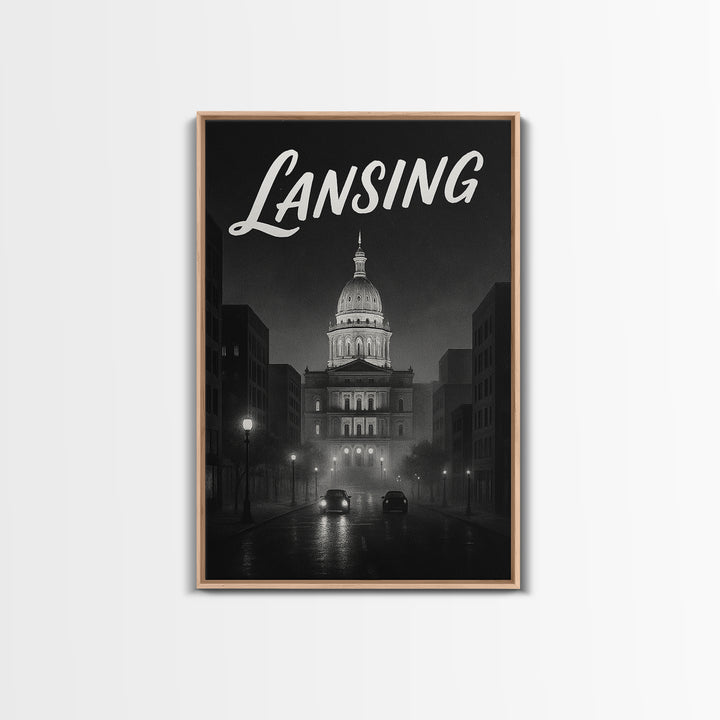 Lansing Travel Poster, Framed Canvas Print, Black And White Travel Art, Lansing Poster Print, Vintage City Art, Living Room Wall Art