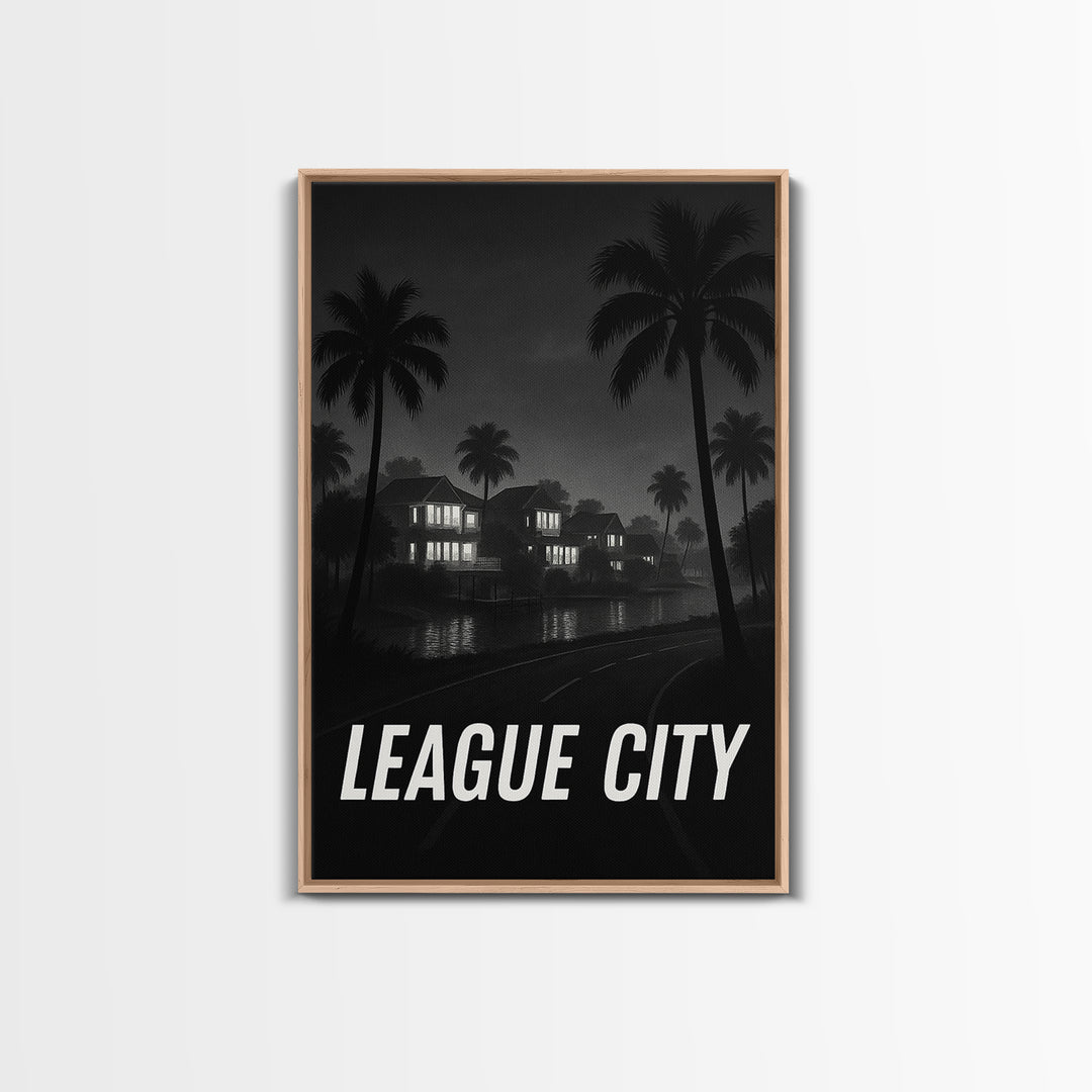 League City Texas Travel Poster, Framed Canvas Print, Night Street Poster Art, League City Art Print, Retro Travel Print, Travel Wall Art