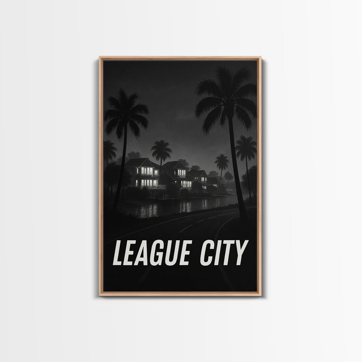League City Texas Travel Poster, Framed Canvas Print, Night Street Poster Art, League City Art Print, Retro Travel Print, Travel Wall Art