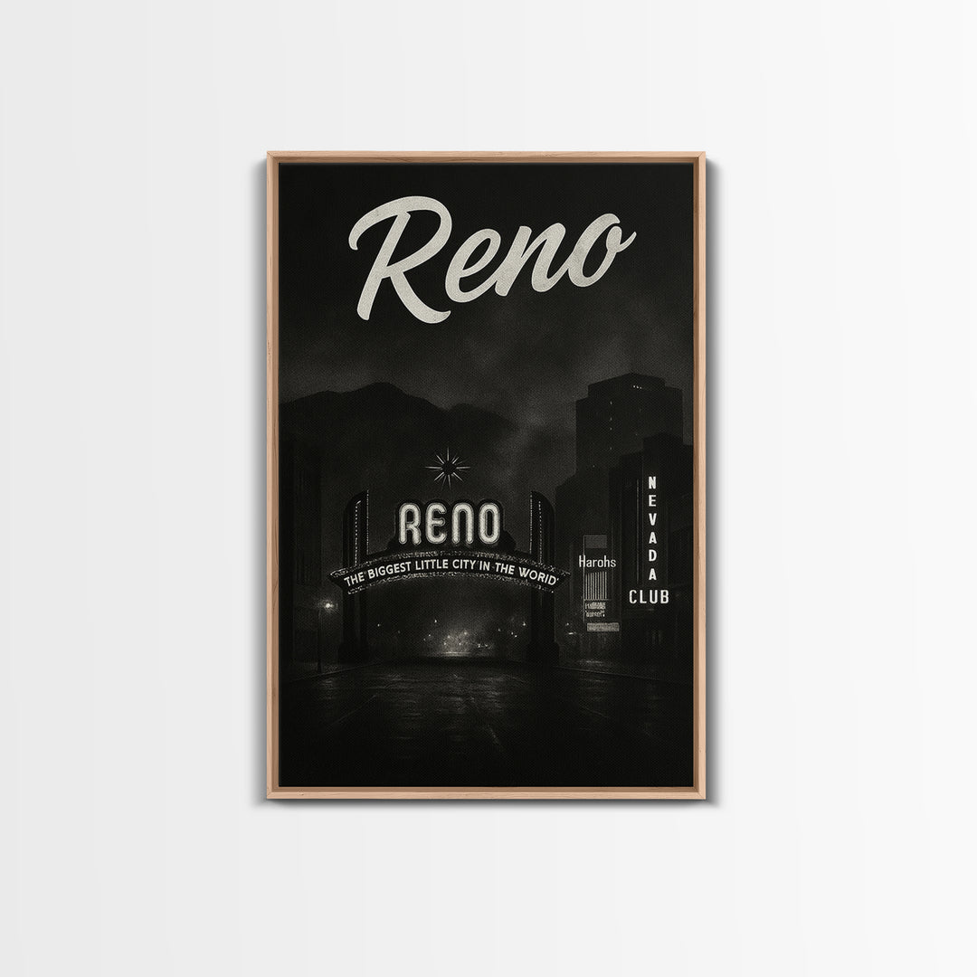 Reno Travel Poster, Framed Canvas Print, Dark Moody City Wall Art, Ren ...
