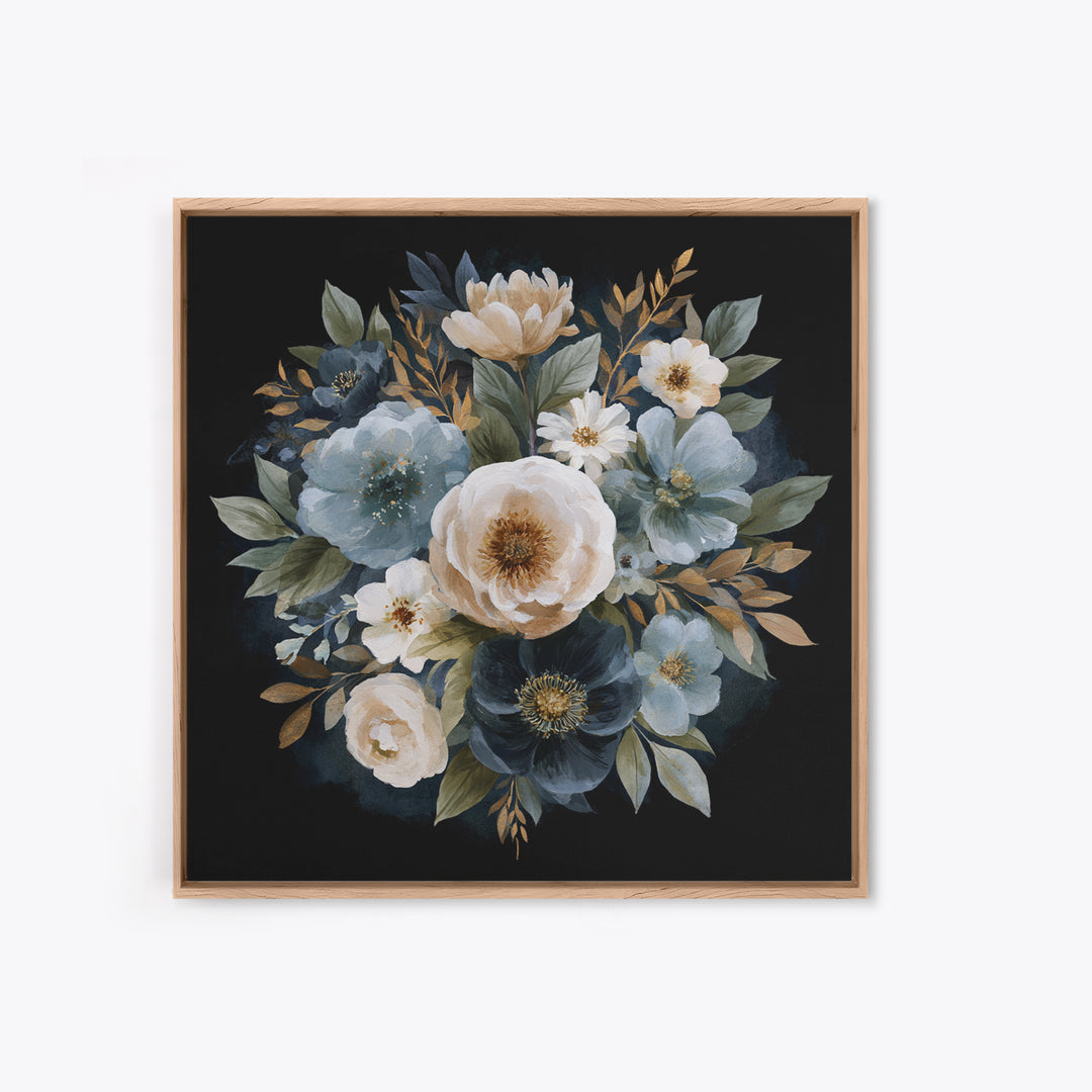 Moody Dark Background Bouquet for Formal Dining Framed Canvas Print, Dining Room Art, Kitchen Decor, Dining Room Decor, Dining, DRA-1x1-11