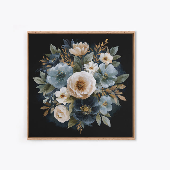 Moody Dark Background Bouquet for Formal Dining Framed Canvas Print, Dining Room Art, Kitchen Decor, Dining Room Decor, Dining, DRA-1x1-11