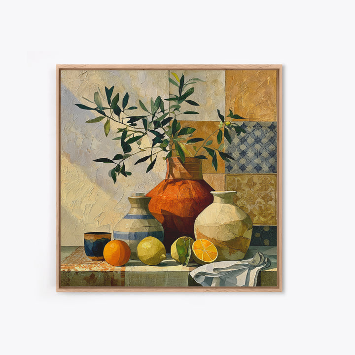 Mediterranean Olive Branch and Citrus Arrangement Framed Canvas Print, Dining Room Art, Print, Dining Room Decor, Oil Painting, DRA-1x1-12
