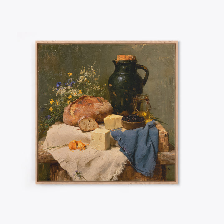 Rustic Bread Olives and Cheese Still Life Canvas Print, Dining Room Art, 3 Piece Wall Art, Dining Room Decor, Oil Painting, DRA-1x1-30