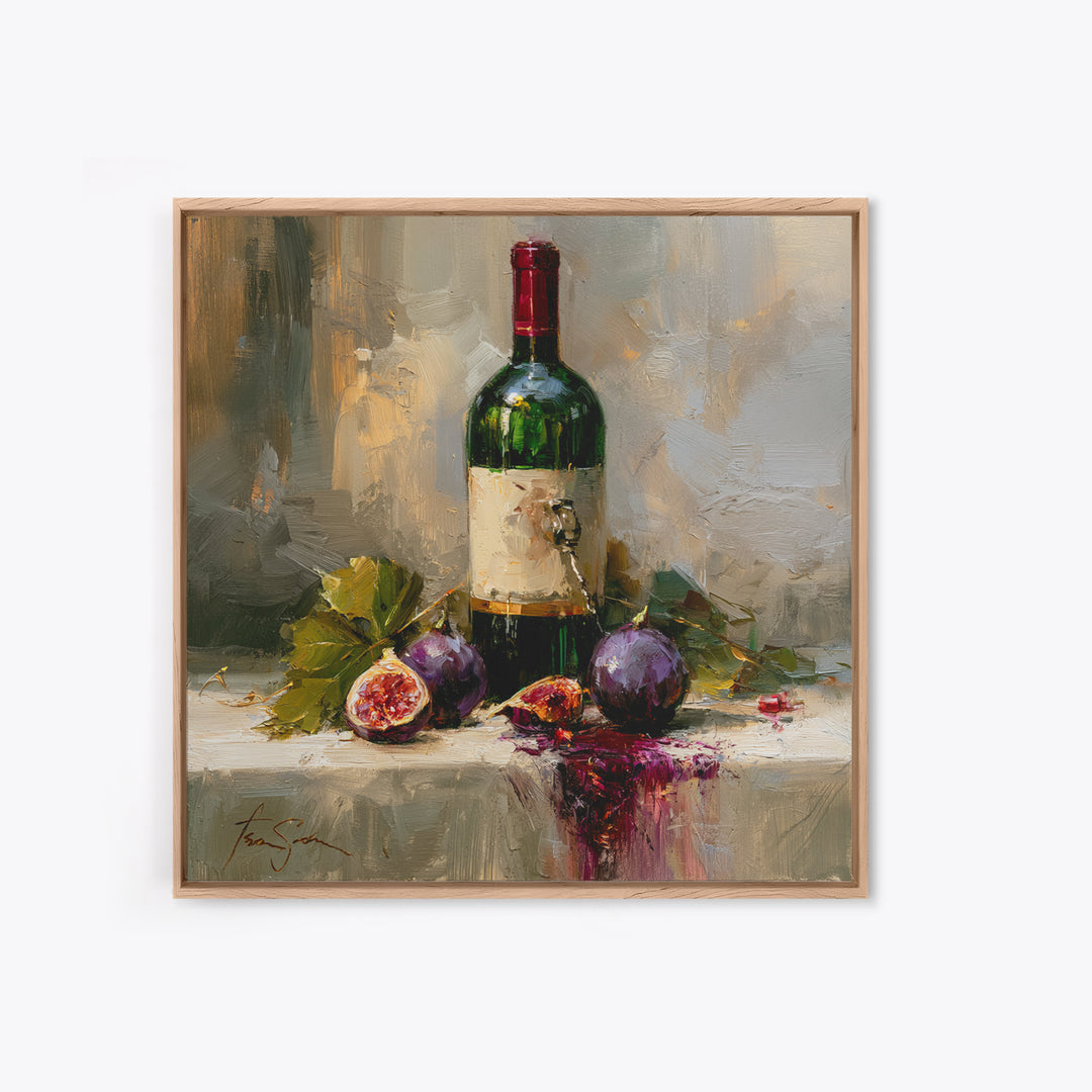 Wine Bottle and Figs on a Linen Framed Canvas Print, Dining Room Art, Coastal Wall Art, Dining Room Decor, Abstract Art, Dining, DRA-1x1-51