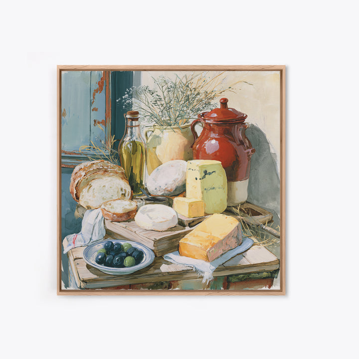 Rustic Bread Olives and Cheese Still Life Canvas Print, Dining Room Art, 3 Piece Wall Art, Dining Room Decor, Oil Painting, DRA-1x1-54