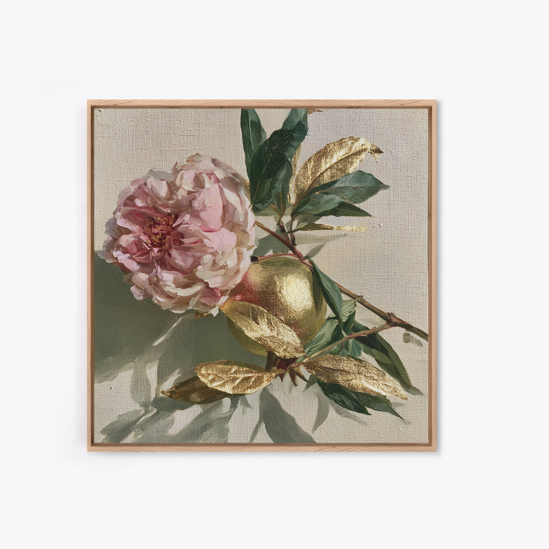 Pomegranate and Gold Leaf Botanical Study Framed Canvas Print, Dining Room Art, Bedroom Decor, Dining Room Decor, Dining, DRA-1x1-56