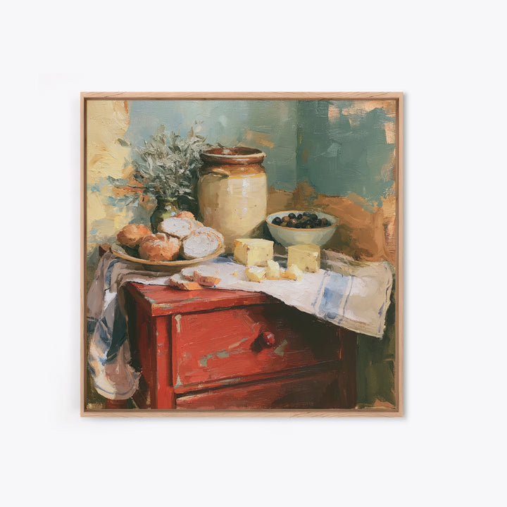 Rustic Bread Olives and Cheese Still Life Canvas Print, Dining Room Art, Living Room Decor, Dining Room Decor, Dining, DRA-1x1-6