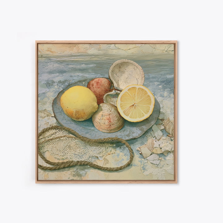 Shellfish and Lemon Still Life Framed Canvas Print, Dining Room Art, Abstract Wall Art, Dining Room Decor, Fine Art, Dining, DRA-1x1-64