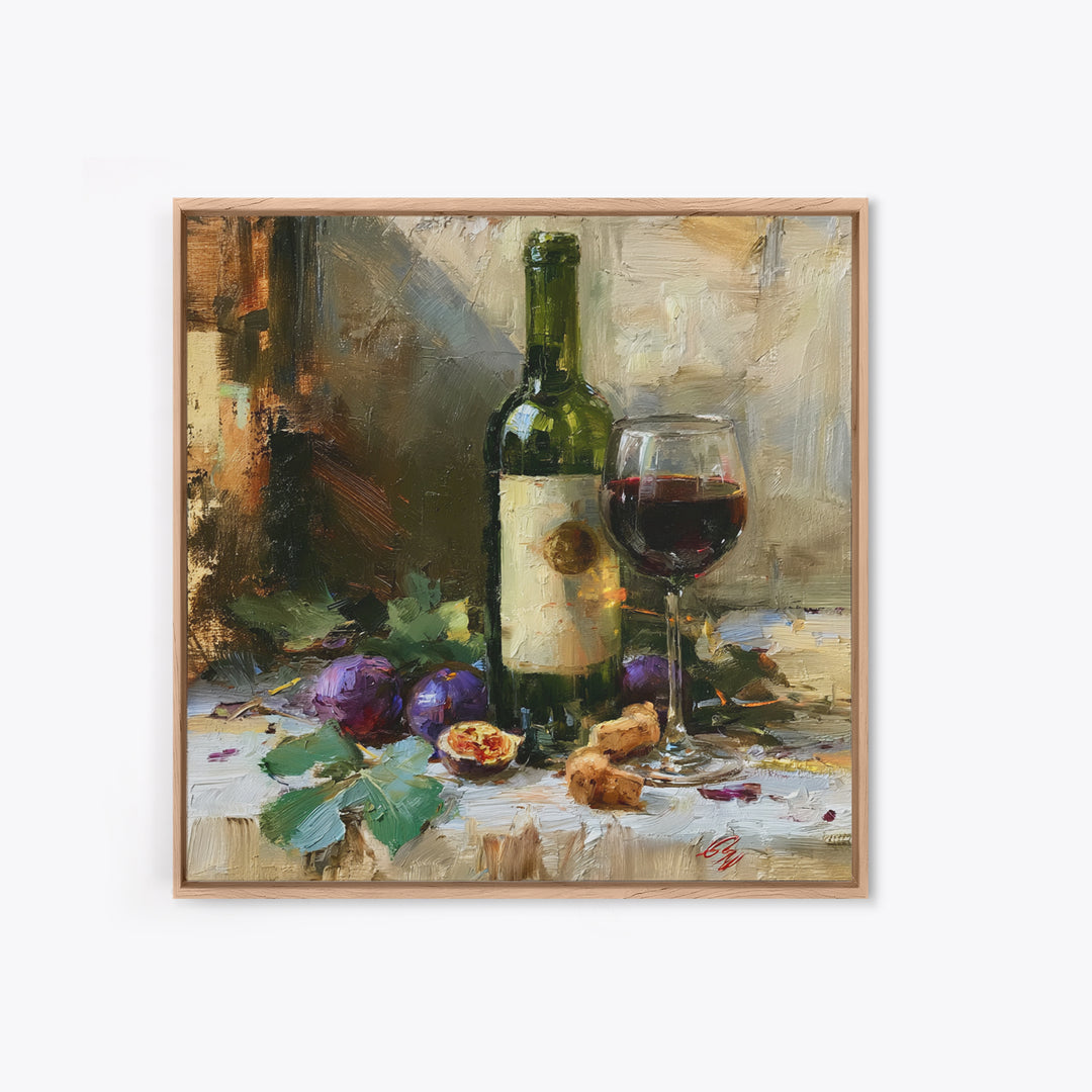 Wine Bottle and Figs on a Linen Canvas Print, Dining Room Art, Gallery Decor, Dining Room Decor, Abstract Art, Dining, DRA-1x1-75