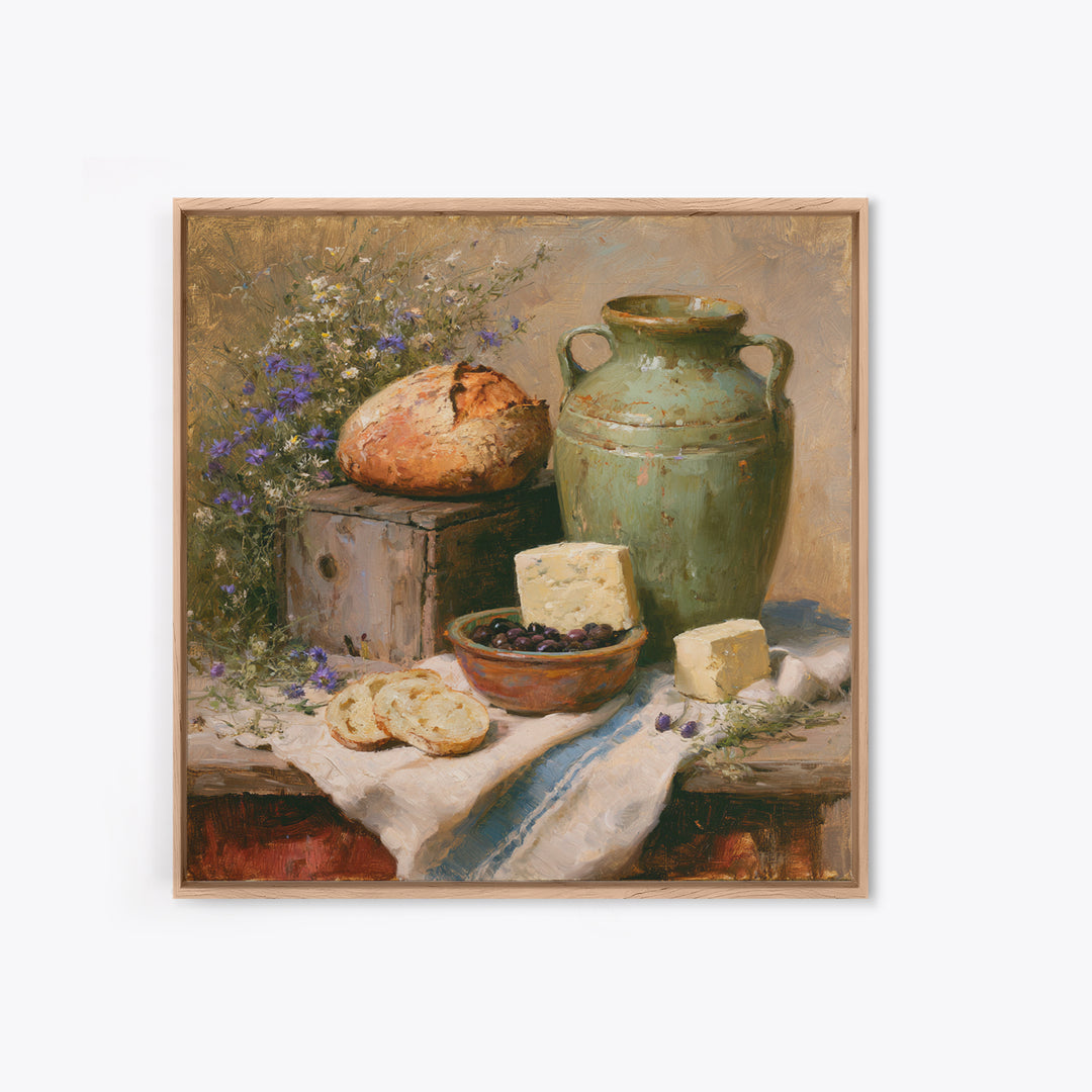 Rustic Bread Olives and Cheese Still Life Framed Canvas Print, Dining Room Art, Kitchen Prints, Dining Room Decor, Dining, DRA-1x1-78
