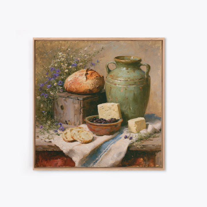 Rustic Bread Olives and Cheese Still Life Framed Canvas Print, Dining Room Art, Kitchen Prints, Dining Room Decor, Dining, DRA-1x1-78