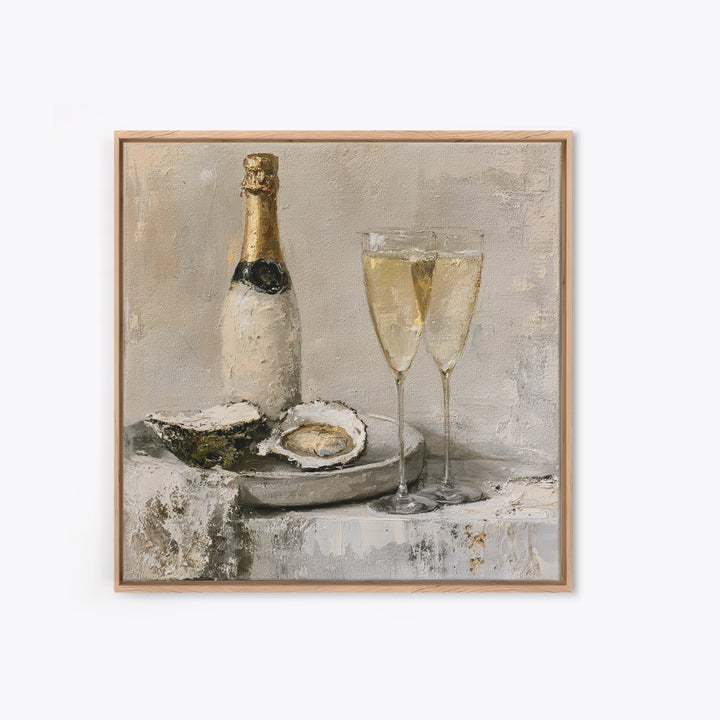 Elegant Oyster and Champagne Still Life Framed Canvas Print, Dining Room Art, Dining Room Decor, Oil Painting, Dining, DRA-1x1-79