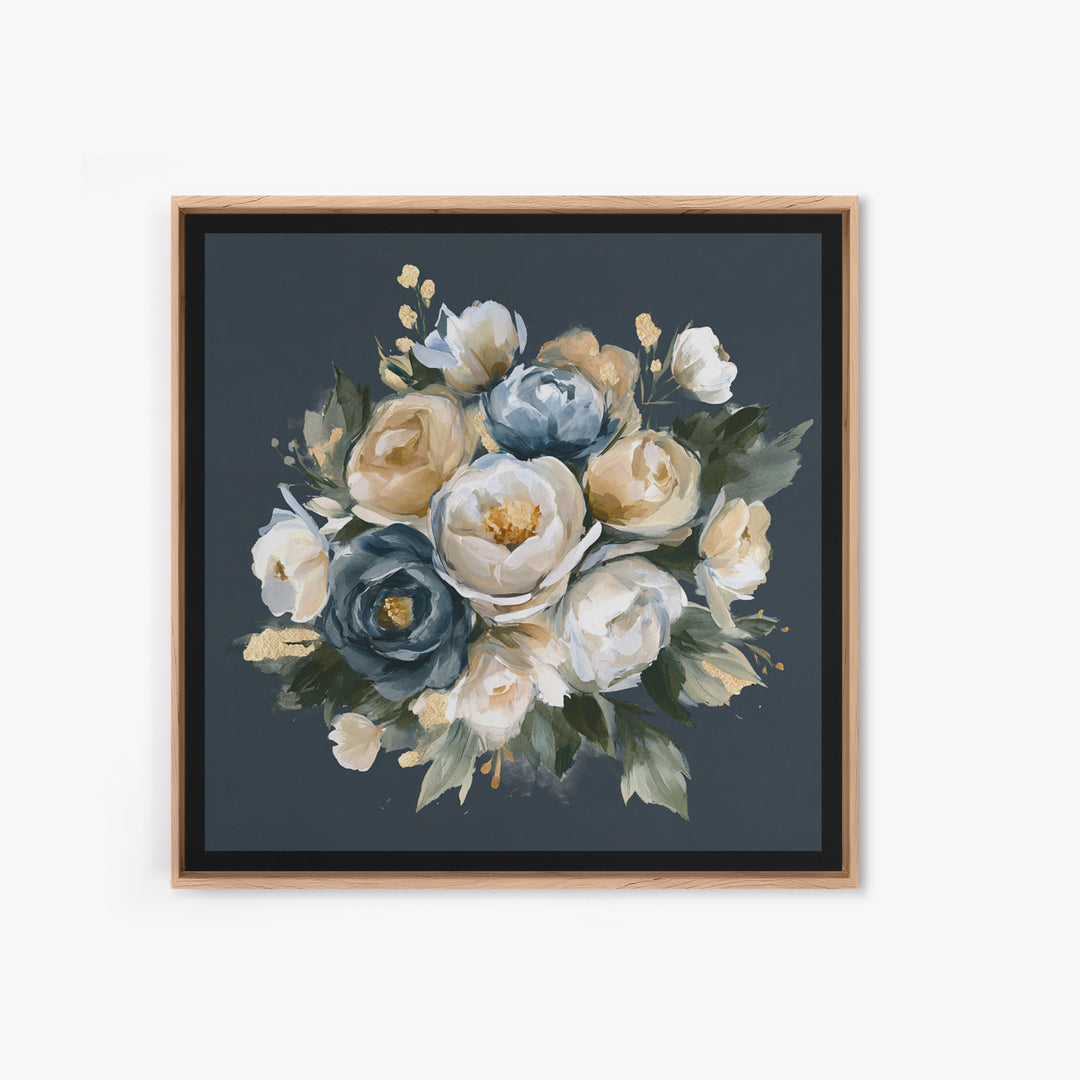 Moody Dark Background Bouquet for Formal Dining Framed Canvas Print, Dining Room Art, Neutral Decor, Dining Room Decor, Dining, DRA-1x1-83
