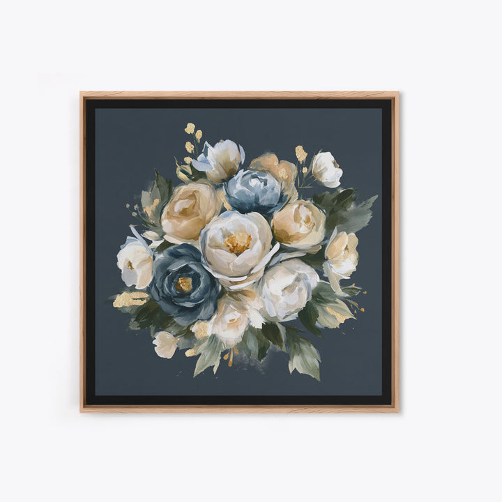 Moody Dark Background Bouquet for Formal Dining Framed Canvas Print, Dining Room Art, Neutral Decor, Dining Room Decor, Dining, DRA-1x1-83