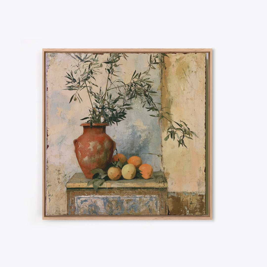 Mediterranean Olive Branch and Citrus Arrangement Canvas Print, Dining Room Art, Coastal Decor, Dining Room Decor, Dining, DRA-1x1-84