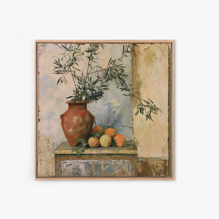 Mediterranean Olive Branch and Citrus Arrangement Canvas Print, Dining Room Art, Coastal Decor, Dining Room Decor, Dining, DRA-1x1-84