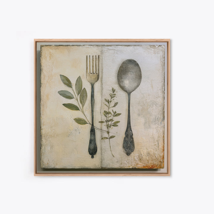 Minimal Fork Spoon and Herb Composition Canvas Print, Dining Room Art, Coastal Wall Art, Dining Room Decor, Fine Art, Dining, DRA-1x1-94