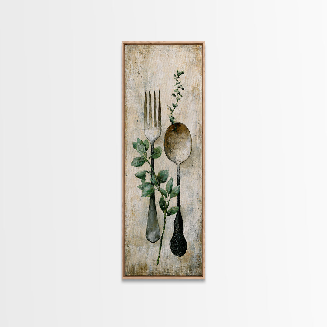 Minimal Fork Spoon and Herb Composition Canvas Print, Dining Room Art, Kitchen Art, Dining Room Decor, Fine Art, Dining, DRA-1x3-10