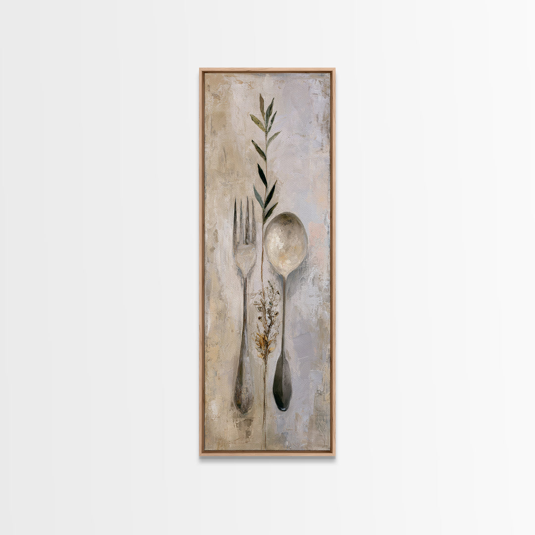 Minimal Fork Spoon and Herb Composition Canvas Print, Dining Room Art, Bedroom Wall Art, Dining Room Decor, Dining, DRA-1x3-34