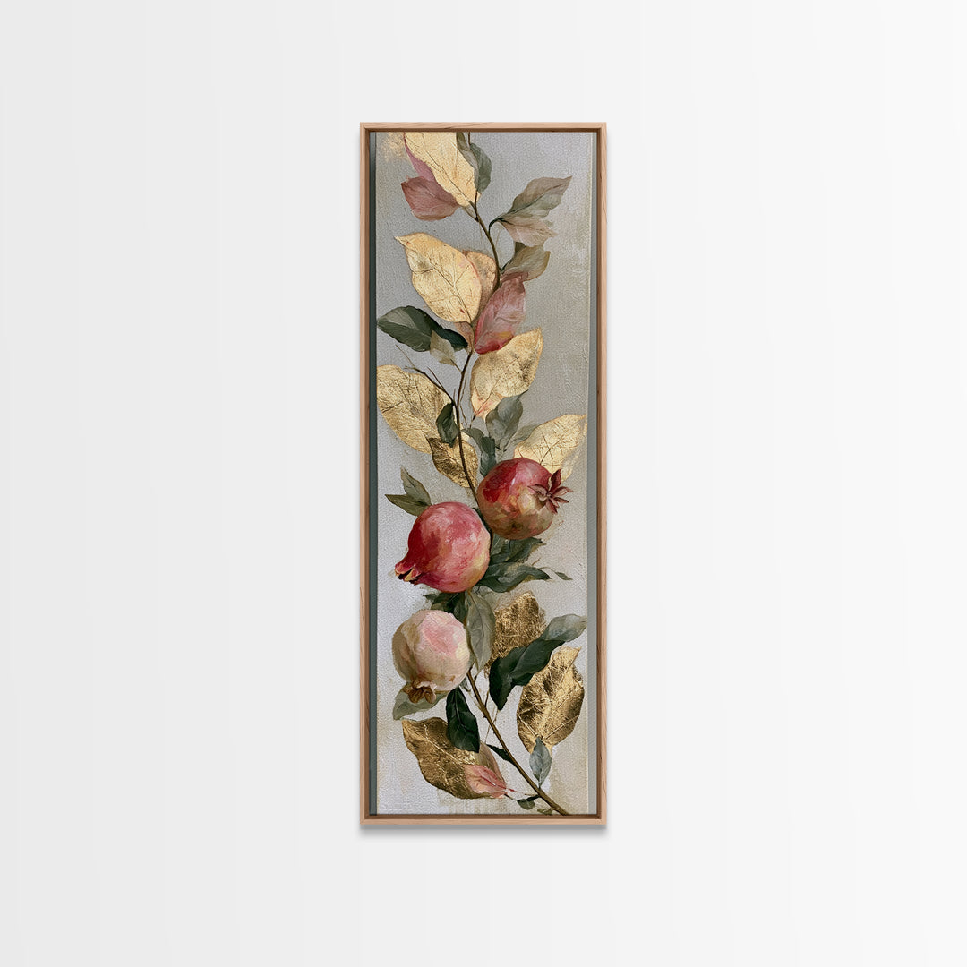 Pomegranate and Gold Leaf Botanical Study Canvas Print, Dining Room Art, Statement Artwork, Dining Room Decor, Oil Painting, DRA-1x3-44