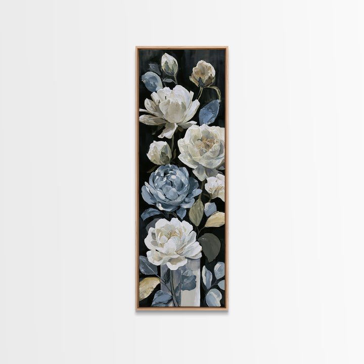 Moody Dark Background Bouquet for Formal Dining Framed Canvas Print, Dining Room Art, Kitchen Decor, Dining Room Decor, Dining, DRA-1x3-71