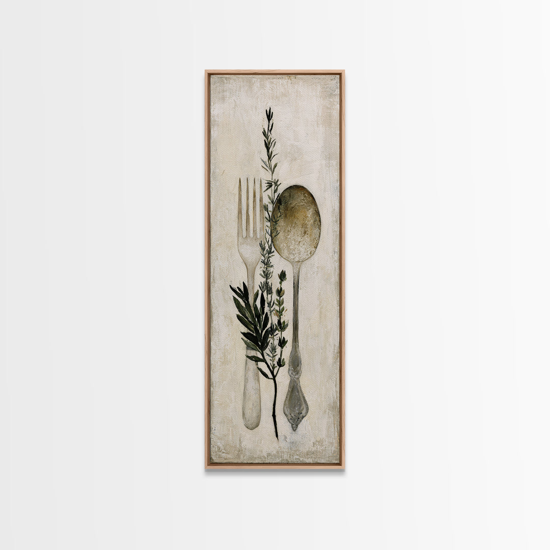 Minimal Fork Spoon and Herb Composition Canvas Print, Dining Room Art, Coastal Decor, Dining Room Decor, Oil Painting, Dining, DRA-1x3-82