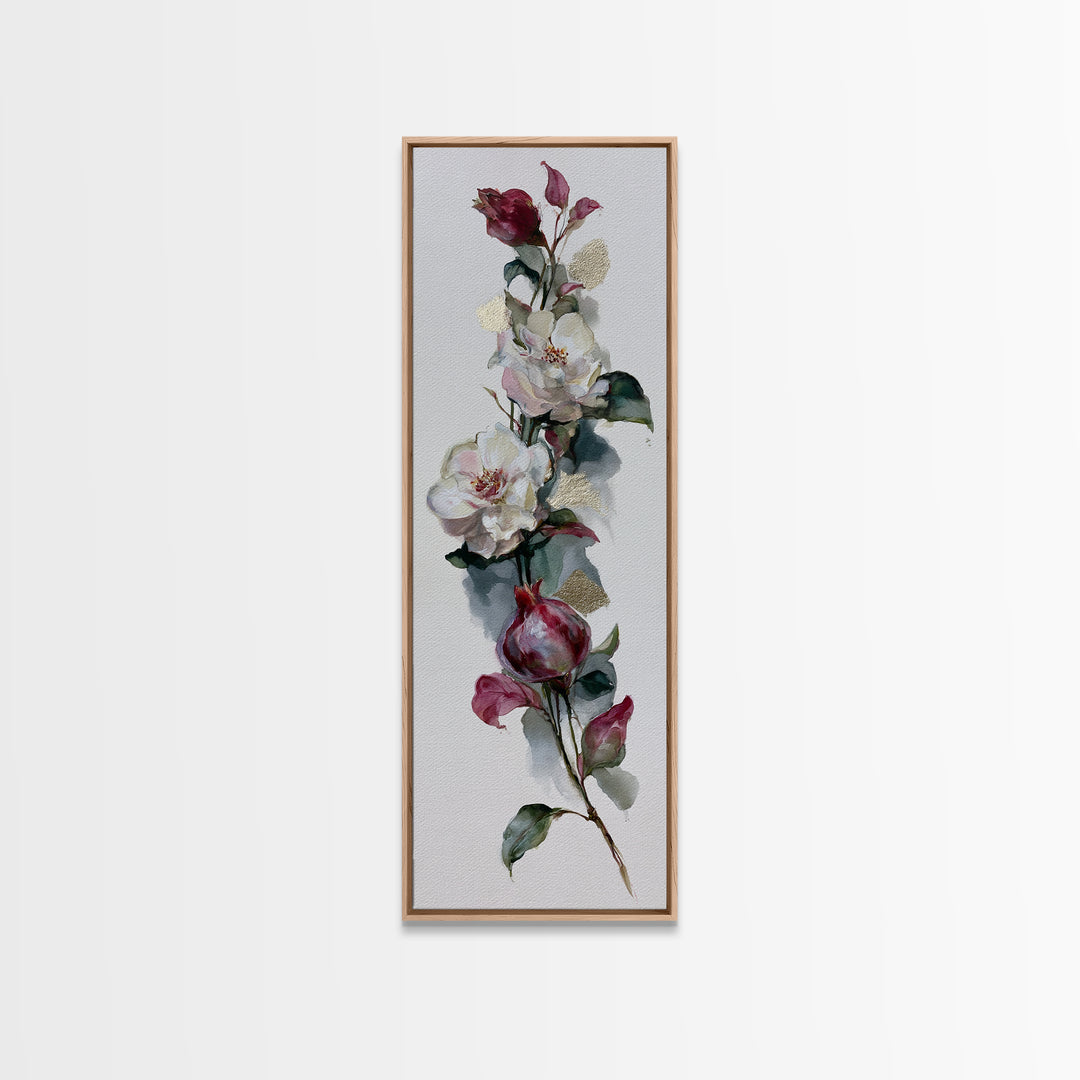 Pomegranate and Gold Leaf Botanical Study Framed Canvas Print, Dining Room Art, Canvas Art, Dining Room Decor, Fine Art, Dining, DRA-1x3-92