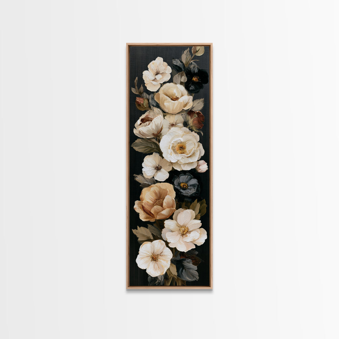 Moody Dark Background Bouquet for Formal Dining Canvas Print, Dining Room Art, Living Room Decor, Dining Room Decor, Dining, DRA-1x3-95