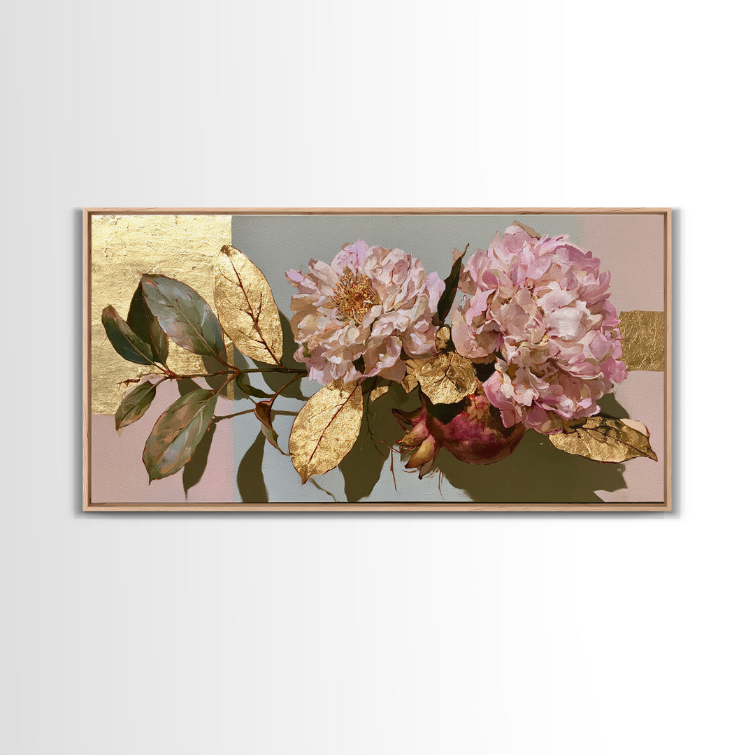 Pomegranate and Gold Leaf Botanical Study Canvas Print, Dining Room Art, Bedroom Wall Art, Dining Room Decor, Dining, DRA-2x1-100