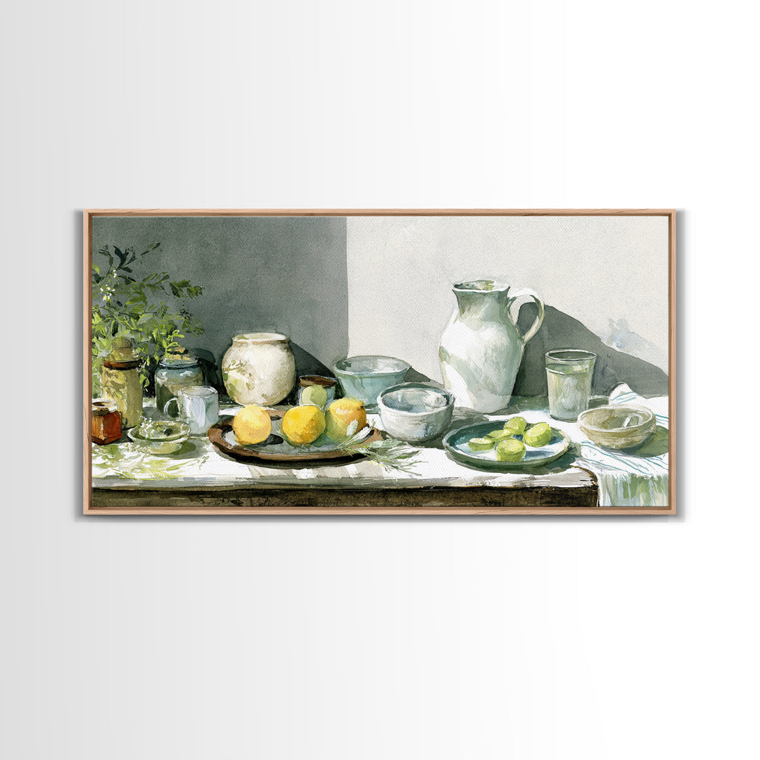 Sunlit Farmhouse Table Objects Without Room View Framed Canvas Print, Dining Room Art, Boho Decor, Dining Room Decor, Dining, DRA-2x1-13