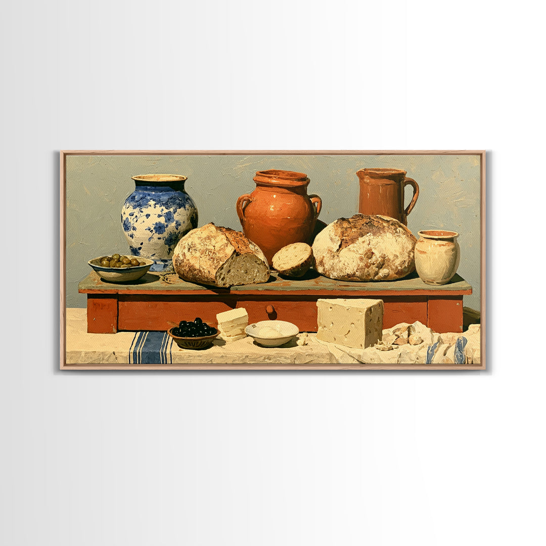 Rustic Bread Olives and Cheese Still Life Canvas Print, Dining Room Art, Neutral Decor, Dining Room Decor, Abstract Art, Dining, DRA-2x1-2