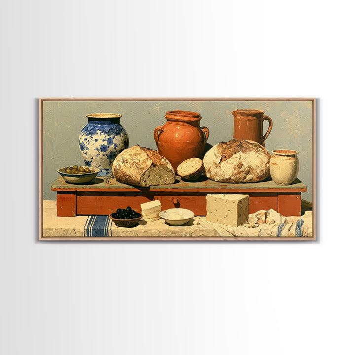 Rustic Bread Olives and Cheese Still Life Canvas Print, Dining Room Art, Neutral Decor, Dining Room Decor, Abstract Art, Dining, DRA-2x1-2