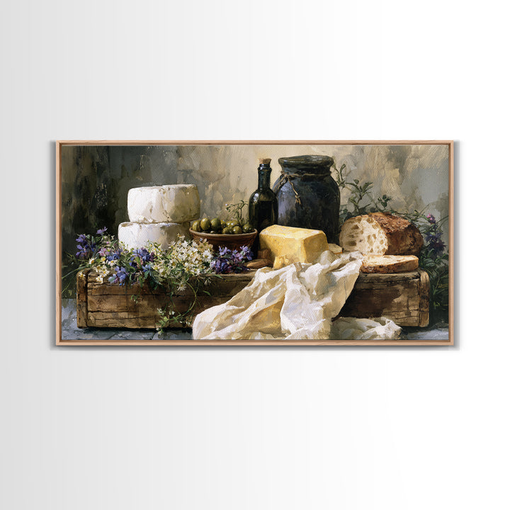 Rustic Bread Olives and Cheese Still Life Canvas Print, Dining Room Art, Neutral Decor, Dining Room Decor, Abstract Art, Dining, DRA-2x1-26