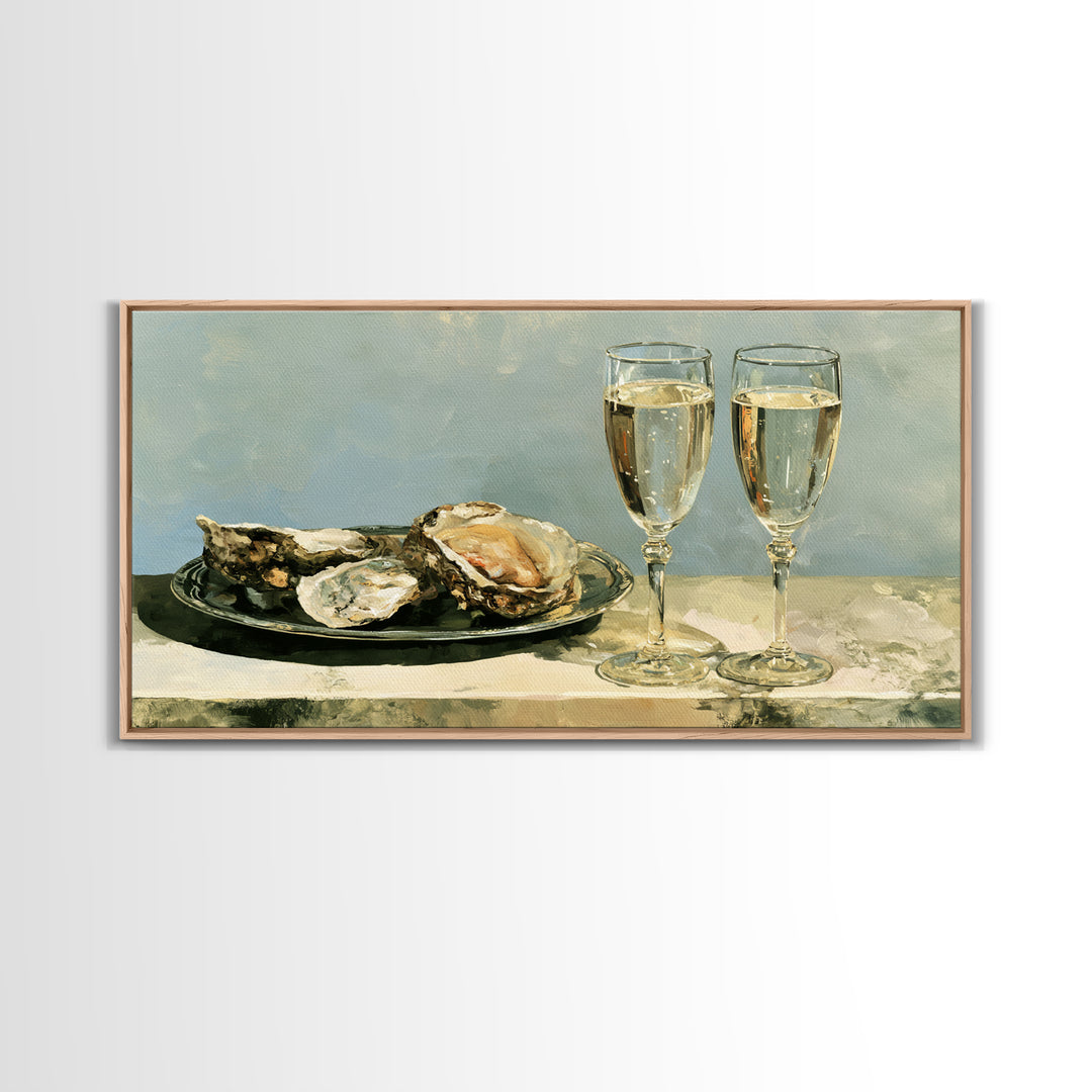 Elegant Oyster and Champagne Still Life Framed Canvas Print, Dining Room Art, Dining Room Decor, Oil Painting, Dining, DRA-2x1-27