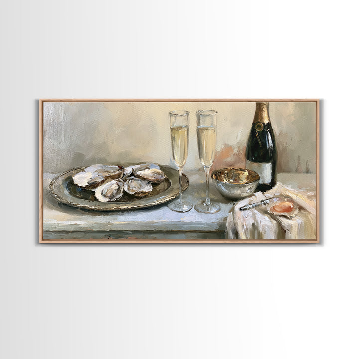 Elegant Oyster and Champagne Still Life Framed Canvas Print, Dining Room Art, Bedroom Decor, Dining Room Decor, Dining, DRA-2x1-3