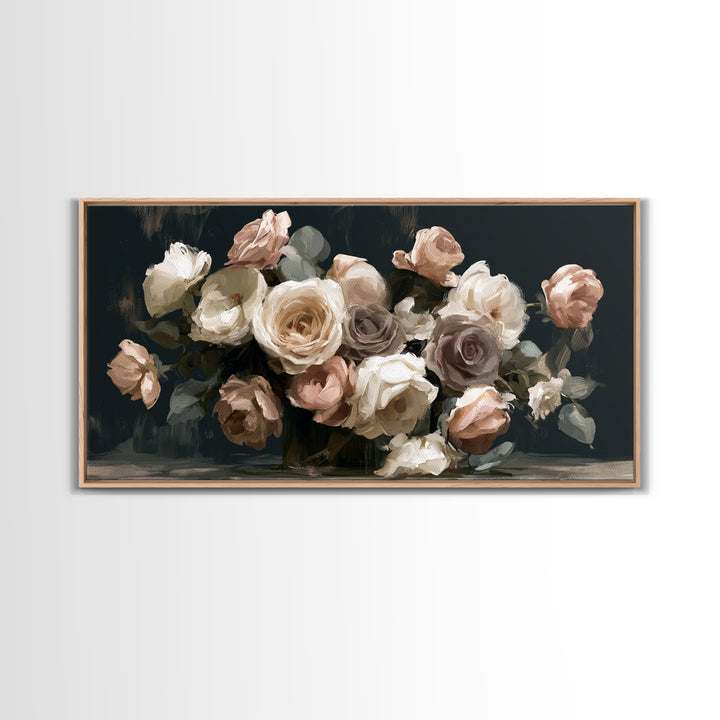 Moody Dark Background Bouquet for Formal Dining Canvas Print, Dining Room Art, Large Wall Art, Dining Room Decor, Dining, DRA-2x1-31