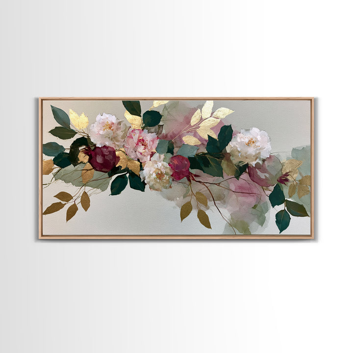 Pomegranate and Gold Leaf Botanical Study Canvas Print, Dining Room Art, Boho Decor, Dining Room Decor, Oil Painting, Dining, DRA-2x1-4